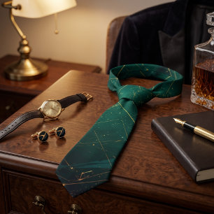 Corbata Elegante Verde Oscuro Dorado Geométrico