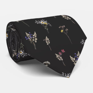 Corbata Elegantes Flores Silvestres Vintage Botánico Negro