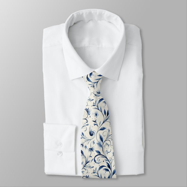 Corbata Elegantes hojas de paisley azul - fondo blanco (2) (Atado)