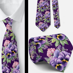 Corbata Elegantes Pansies Púrpuras Legues De Cuello Floral