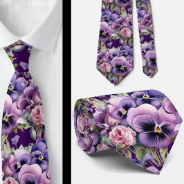 Corbata Elegantes Pansies Púrpuras Legues De Cuello Floral