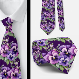 Corbata Elegantes Pansies Púrpuras Legues De Cuello Floral