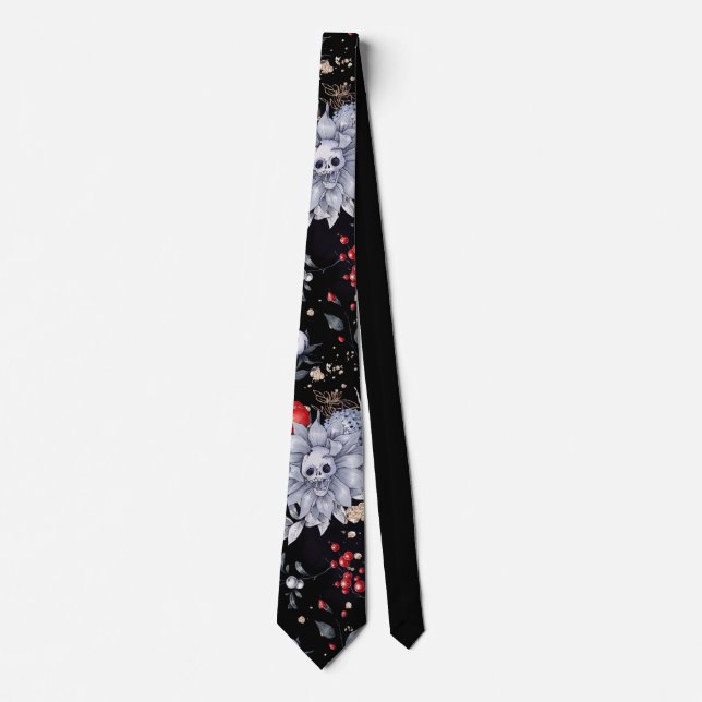 Corbata Elegantes Rosas de cráneo negro plateado (Anverso)