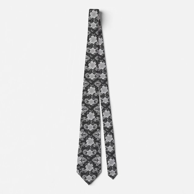 Corbata Encaje floral blanco sobre negro (Anverso)