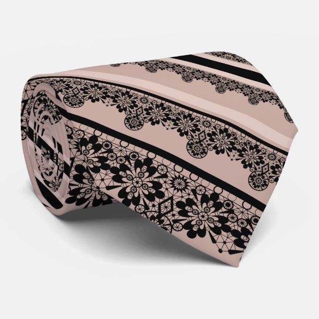 Corbata encaje negro, calado, fondo marrón, beige, bla (Enrollado)