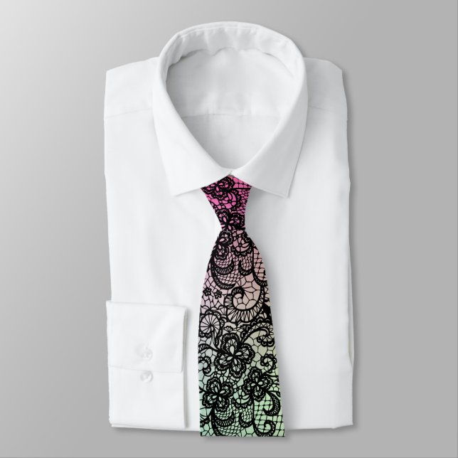 Corbata Encaje negro elegante sobre gradiente rosa y verde (Atado)
