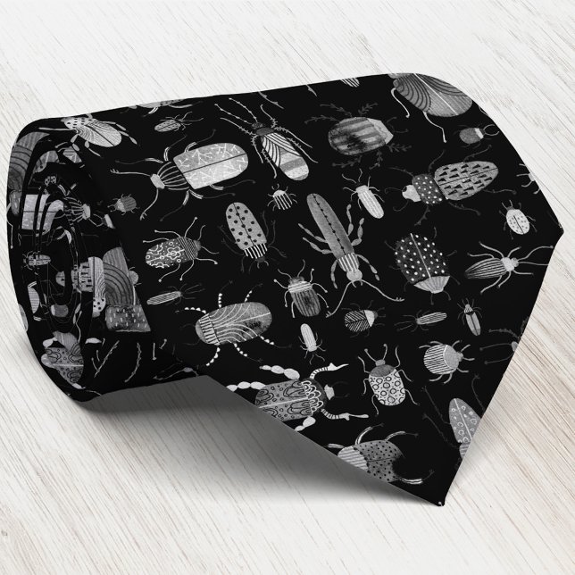Corbata Escarabajos y chinches negro (Watercolor bugs and beetles art tie)