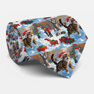 Corbata Escena de nieve festiva de Navidad con gato Bengal