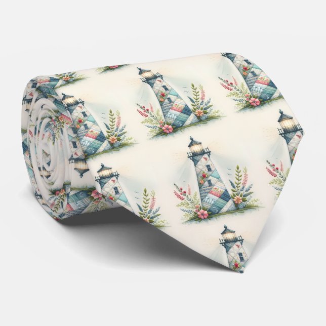Corbata Escena floral del faro de patchwork costero (Enrollado)