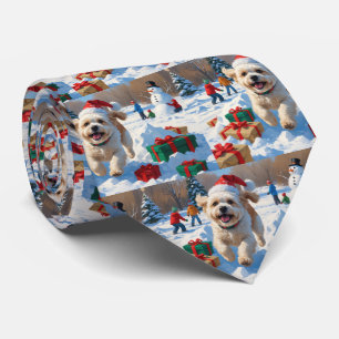 Corbata Escena Navideña Festiva de Bichon Frise en la Niev