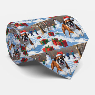 Corbata Escena Navideña Festiva de Nieve con Boxer