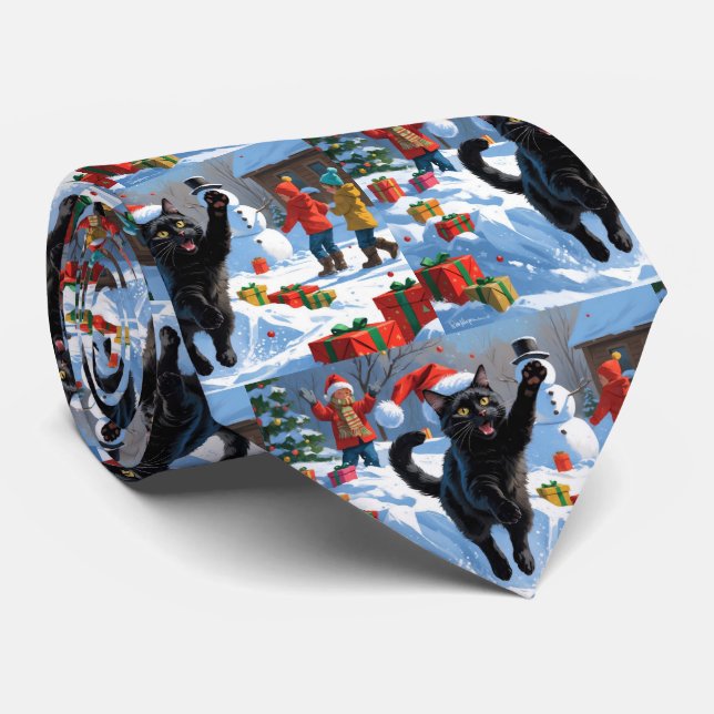 Corbata Escena nevada festiva de Navidad con gato negro (Enrollado)