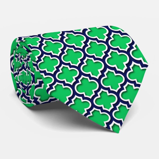 Corbata Esmeralda Marina Verde Quatrefoil blanco marroquí  (Enrollado)