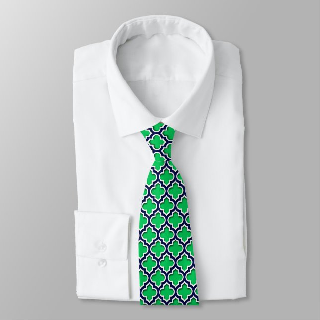 Corbata Esmeralda Marina Verde Quatrefoil blanco marroquí  (Atado)