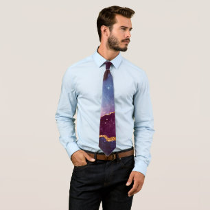 Corbata Espacio azul y púrpura y estrellas con cinta dorad