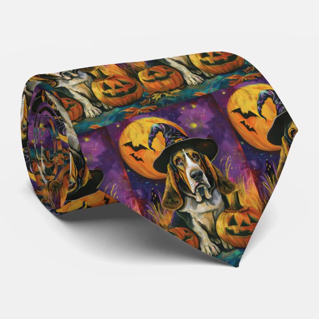 Corbata Espeluznantes Hound Halloween Bruja Y Calabaza (Enrollado)