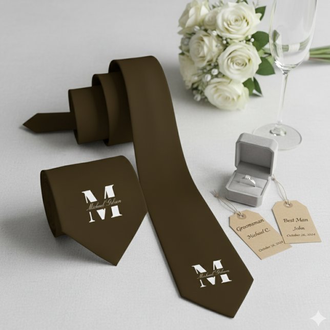 Corbata Espresso | Monograma Personalizado para los Padrin (Espresso | Custom Monogram Wedding Groomsmen Neck Tie)