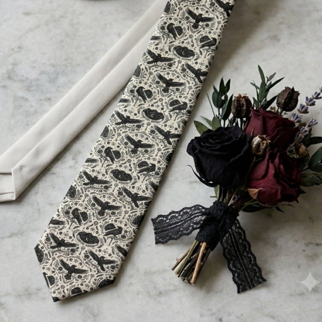 Corbata Estampa de cuervo gótico Dark Academia (A raven damask necktie to complete a groom's elegant gothic wedding look.)