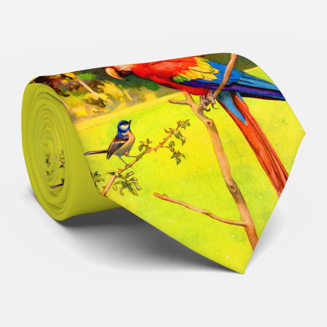 Corbata estampa de gorrión y loro (Enrollado)