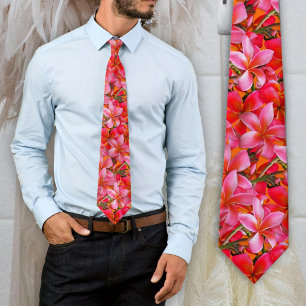 Corbata Estampa de Plumeria Hawaiana Naranja Rosa Brillant
