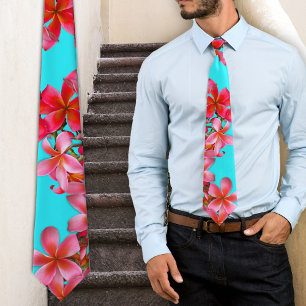 Corbata Estampa de plumeria hawaiana rosa y aqua