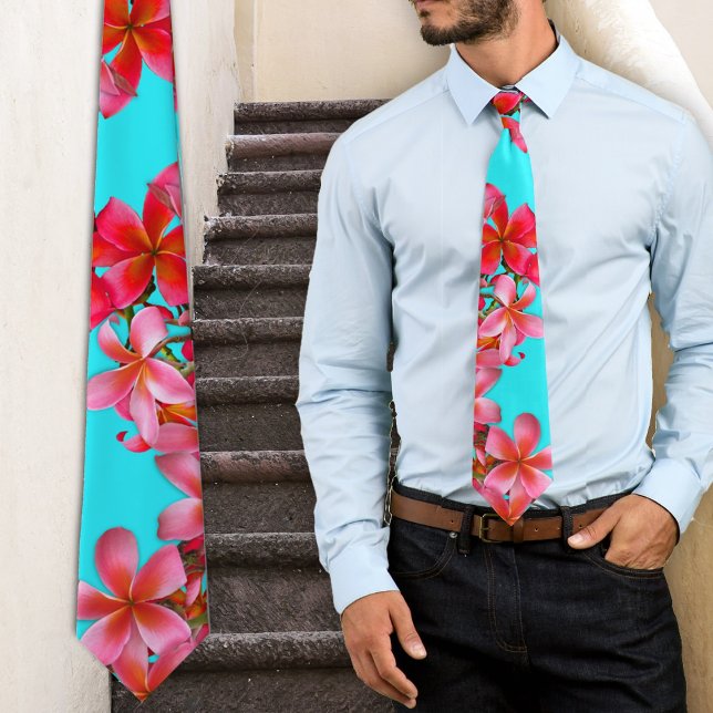 Corbata Estampa de plumeria hawaiana rosa y aqua (Subido por el creador)