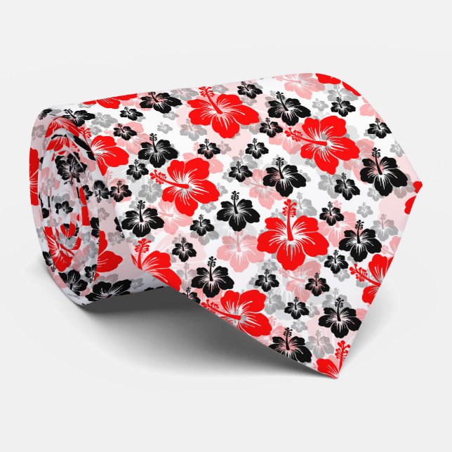 Corbata Estampa floral de hibisco tropical rojo negro  (Enrollado)