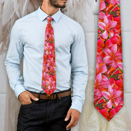 Corbata Estampado brillante de plumeria naranja rosa hawai