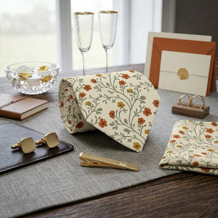 Corbata Estampado de Enredadera de Flor Silvestre Naranja