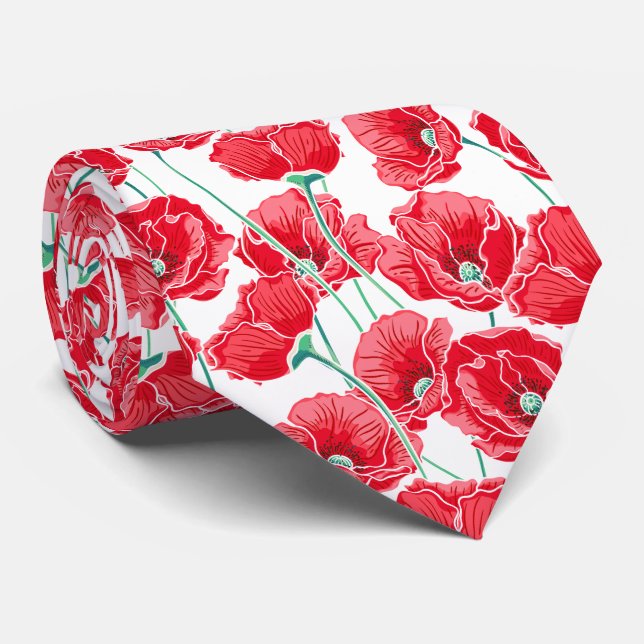 Corbata Estampado de flores rojo del campo de la amapola (Enrollado)