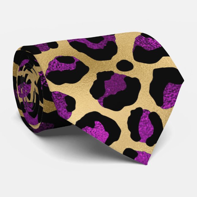 Corbata Estampado de leopardo dorado y púrpura (Enrollado)
