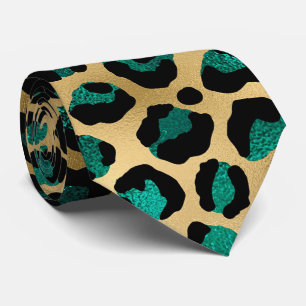 Corbata Estampado de leopardo glamoroso dorado y azul verd