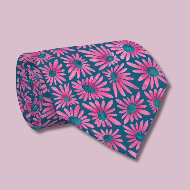 Corbata Estampado floral retro en bloque de rosa Daisy (Pink floral daisy retro block print tie)
