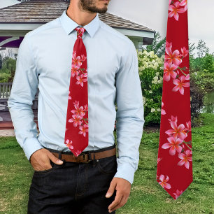 Corbata Estampado floral tropical de Plumeria rosa rojo