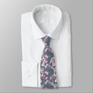 Corbata Estilo Patrón Floral de Aves Rosa y Azul