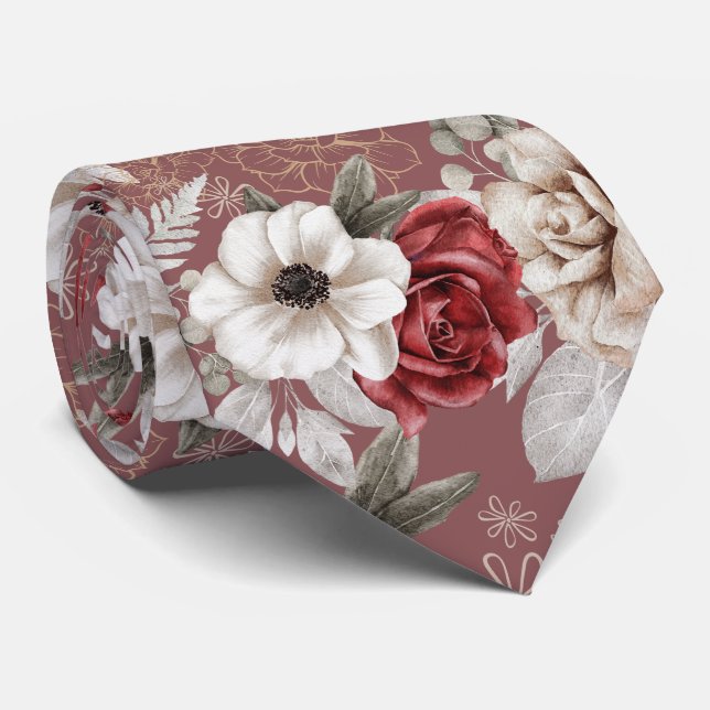 Corbata Estilo Patrón Floral Rosa Burdeos (Enrollado)