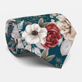 Corbata Estilo Rosa de Borgoña Azul Patrón Floral