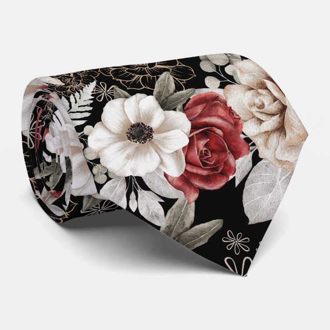 Corbata Estilo Rosa de Borgoña Patrón Floral Negro (Enrollado)