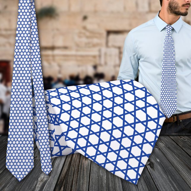 Corbata Estrella Blanca Azul De David Grid (Blue White Star Of David Grid Neck Tie)