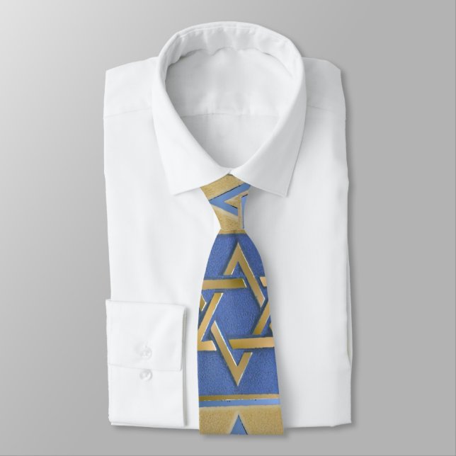 Corbata Estrella de David Judaica Azul Dorado Impresión (Atado)
