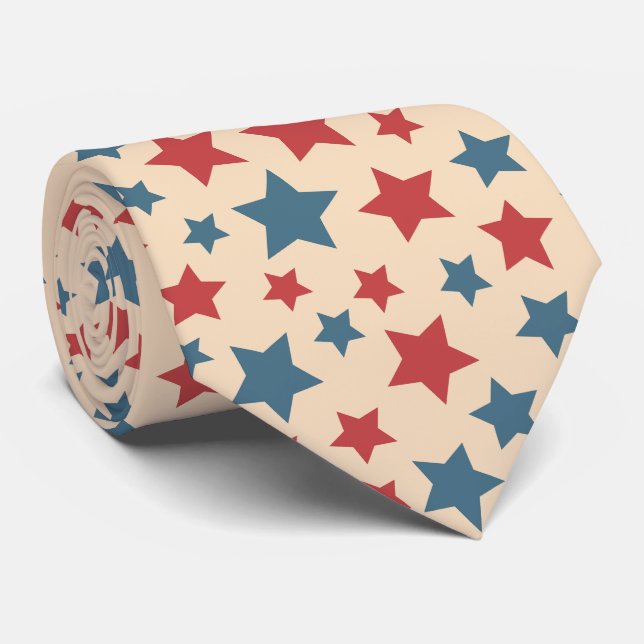 Corbata Estrellas Rojas y Azules, 4 de Julio, Fondo Beige (Enrollado)