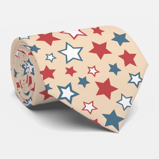 Corbata Estrellas Rojas y Azules, 4 de Julio, Fondo Beige (Enrollado)