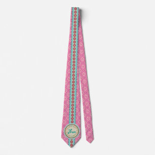Corbata Etiqueta y cinta de nombre rosa y floreado