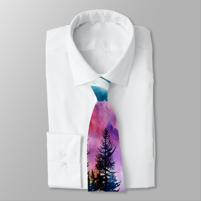 Corbata Evergreen Trees Silhouette cielo rosa (Atado)
