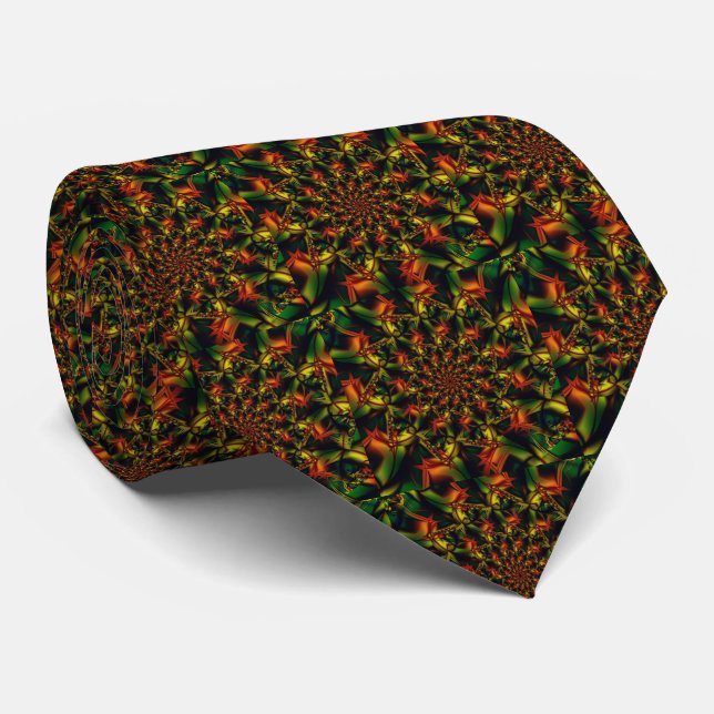 Corbata Exótico | Arte fractal verde y amarillo (Enrollado)
