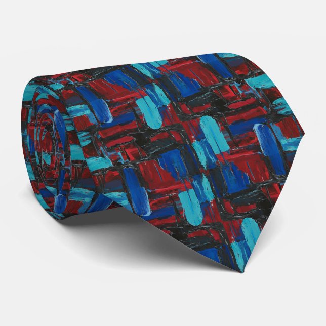 Corbata Expresionista abstracto audaz rubí y turquesa (Enrollado)