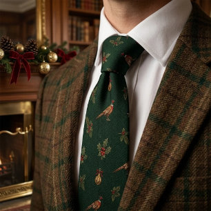 Corbata Faisán de Navidad con Dinero Antiguo y Bosque de A