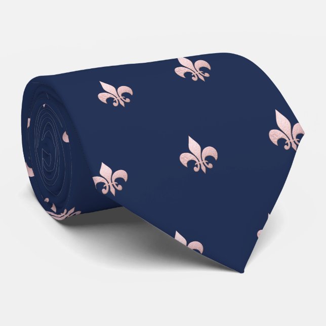 Corbata Falso Fleur de Lis Rosa Oro DIY Azul Marino (Enrollado)