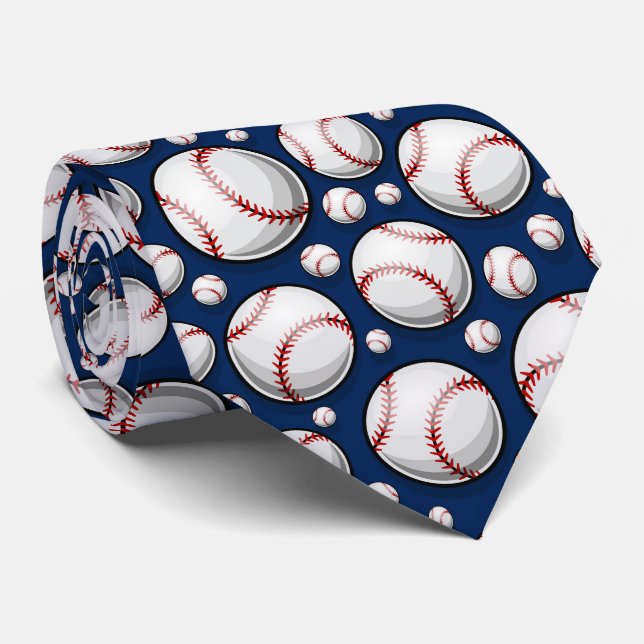 Corbata fanáticos deportivos de béisbol blanco y azul (Enrollado)