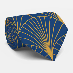 Corbata Fans geométricos de oro del Art Deco sobre azul ma